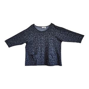 CHICO'S 3 Women's XL Tunic Top Black Gray Cheetah Print 3/4 Sleeve Pockets 46"